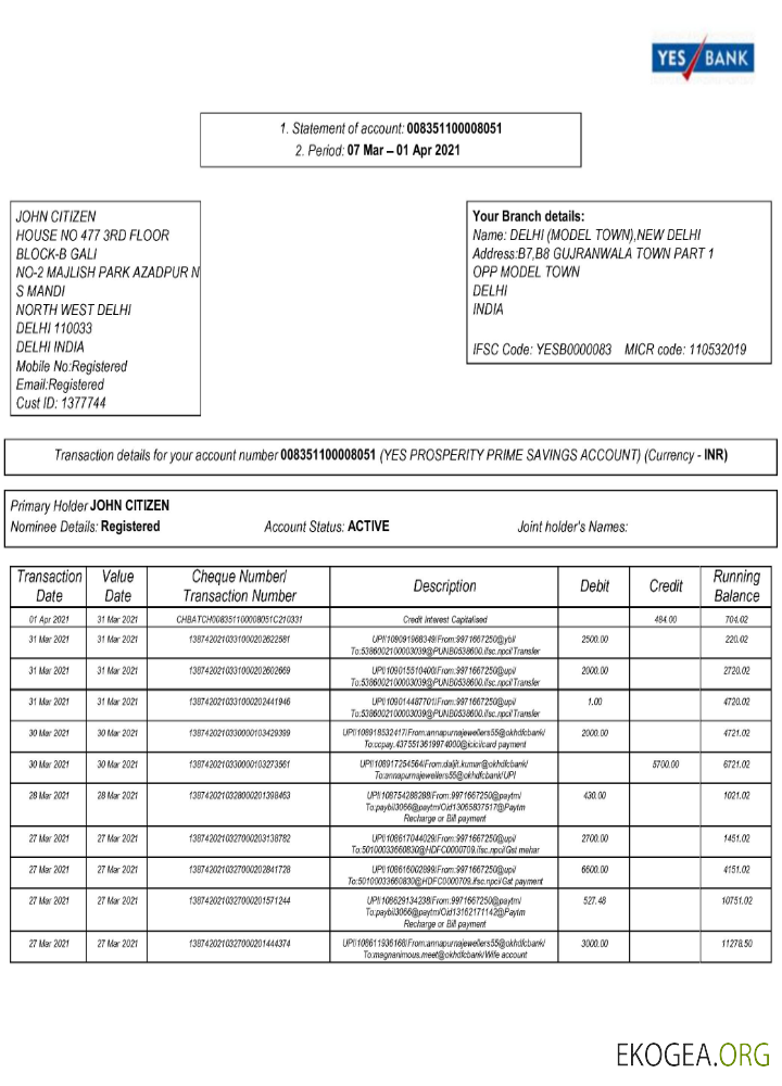 Inde Oui Modèle de relevé bancaire Word et PDF, 2 pages